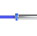 Close-up of a blue and silver barbell  with 'CUSTOM' branding on a white background