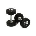 Pair of black dumbbells with '10' marking on a white background