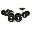 Set of black dumbbells with numbered weights on a white background