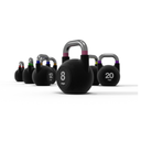 Set of black kettlebells with varying weights on a white background