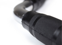Close-up of a black metal cable attachment with textured grip on a white background