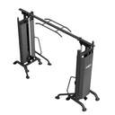 Black weightlifting pulley system on a white background