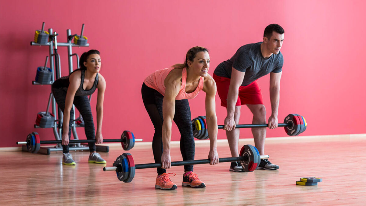 group class with studio barbells