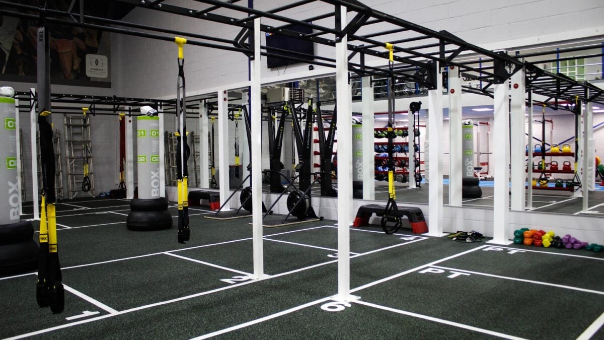 Gymbos runs a large portion of their classes within this group training rig