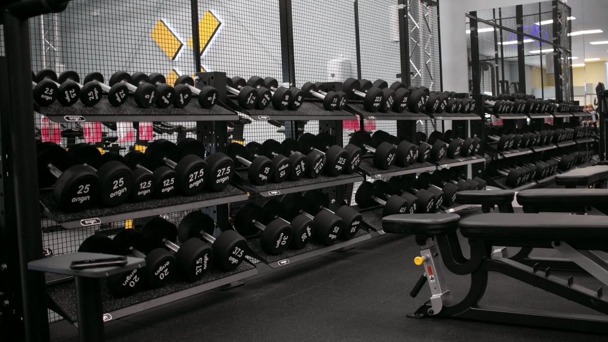 dumbbells on rack