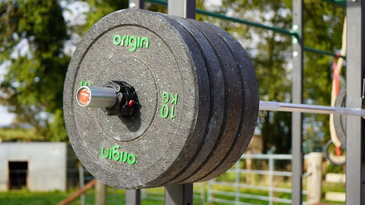 man doing bicep curl with olympic weight plate